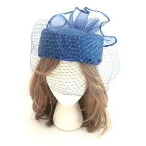 NEW Royal Blue Straw Pillbox Hat Tulle Sequins Netting Church Party Wedding